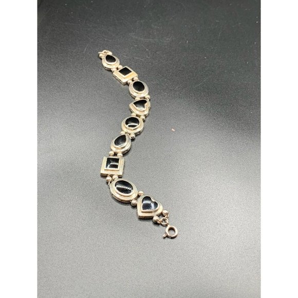 Sliding charms bracelet Black Onyx Sterling Silver vintage hearts and geometric - Picture 2 of 5